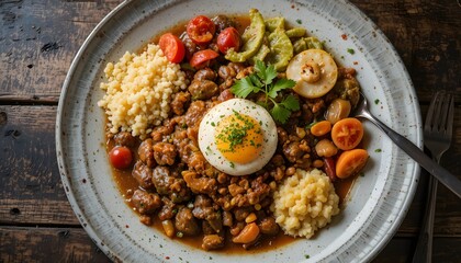 Hearty and nutritious meal featuring a rich stew, golden fried egg, fresh cherry tomatoes, and couscous. bandeja paisa