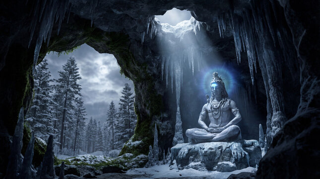 Lord shiva meditating in a mystical icy cave with a glowing third eye, illuminated by divine light - Powered by Adobe