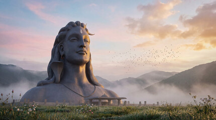 Majestic adiyogi shiva statue in a serene mountain landscape with a vibrant sunset sky and mist