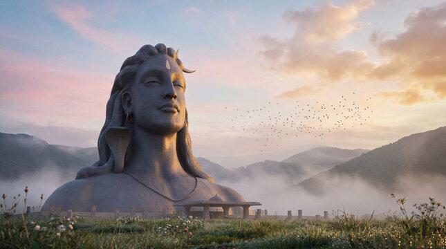 Majestic adiyogi shiva statue in a serene mountain landscape with a vibrant sunset sky and mist