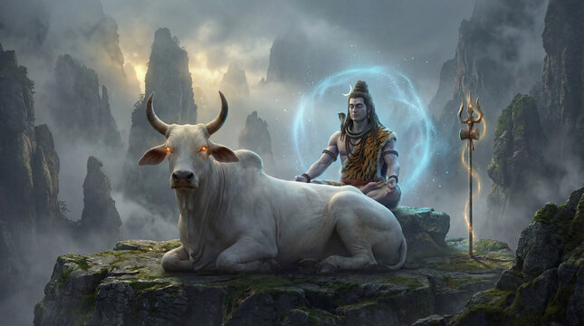Lord shiva meditating with nandi the sacred bull in a mystical mountain landscape, spiritual hindu deity