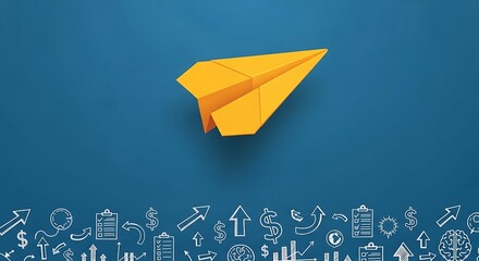 Launch your business to new heights with this origami paper airplane against a backdrop of business growth symbols, ready for your next innovative campaign