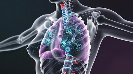 Detailed 3D Medical Animation of Human Lungs and Respiratory System with Glowing Particles and Spinal Cord Highlighted Against Dark Background