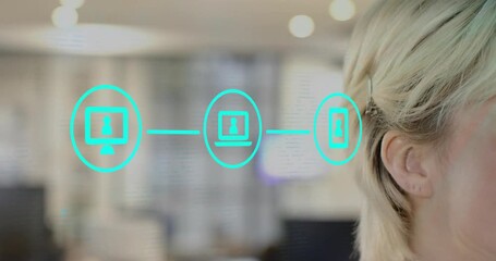 Woman turning in office, teal icon appearing and forming PC laptop phone chain for collaboration - Powered by Adobe