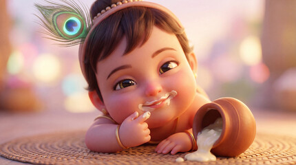 Adorable animated baby krishna with a mischievous smile, covered in spilled milk from a clay pot