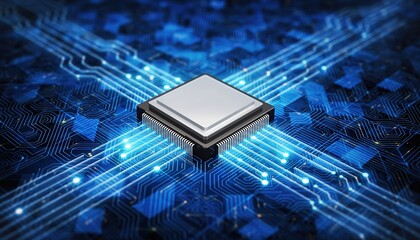 Central Processing Unit on a Blue Circuit Board with Glowing Lines.