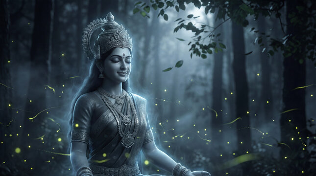 Spiritual woman with a serene expression glowing in a magical forest at night with light particles