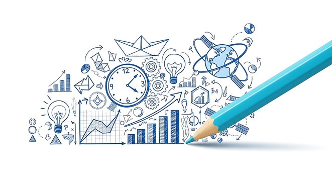 Brainstorming business ideas with a pencil concept art showing graphs, charts, lightbulb, and clock for time management and creative strategy sessions