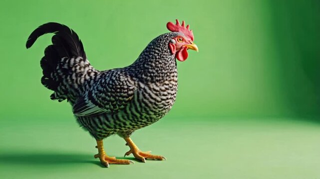 A full body shot of a barred rock chicken standing on a green background in a studio setting chicken green screen video