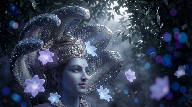 Divine blueskinned deity with multiheaded serpent and glowing lotus flowers in a mystical forest