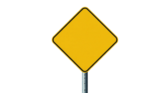 Caution ahead isolated on transparent background, with this bright yellow blank road sign graphic, perfect for warnings or customizable messages