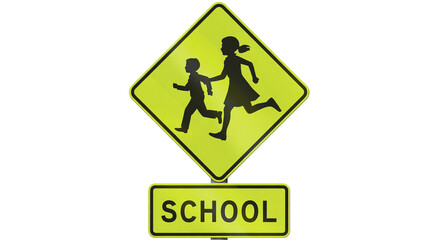 Vibrant school crossing sign isolated on transparent background, with children running for safety awareness campaigns and traffic control