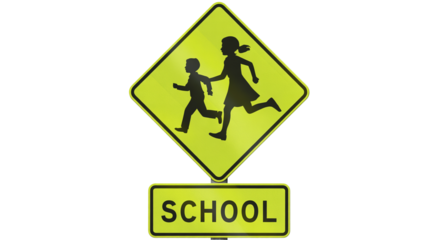 Vibrant school crossing sign isolated on transparent background, with children running for safety awareness campaigns and traffic control