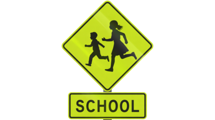 Bright school zone sign isolated on transparent background, alerts drivers to children crossing the street, encouraging safe driving practices