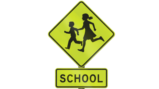 Vibrant school crossing sign isolated on transparent background, with children running for safety awareness campaigns and traffic control