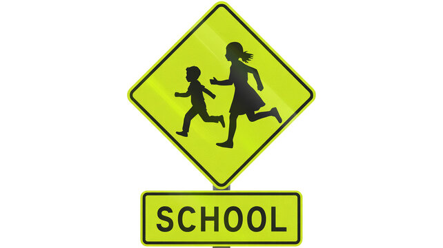Bright school zone sign isolated on transparent background, alerts drivers to children crossing the street, encouraging safe driving practices