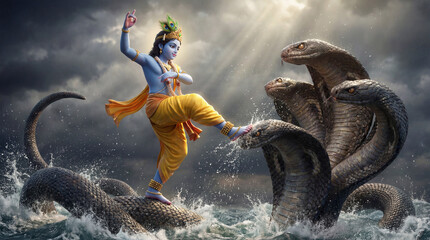 Lord krishna dancing on the multiheaded serpent kaliya in a dramatic scene of divine power and victory