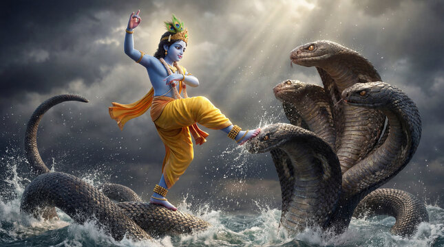 Lord krishna dancing on the multiheaded serpent kaliya in a dramatic scene of divine power and victory