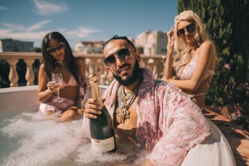 Rapper man in jacuzzi with women drinking champagne