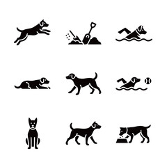 Various Dog Activities Icons Including Digging, Swimming, and Resting in Silhouette