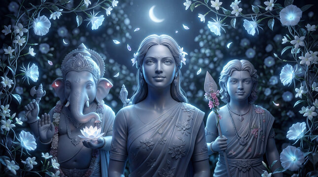 Ancient hindu deities ganesha, goddess, and god figures in a serene, moonlit, glowing floral night garden - Powered by Adobe