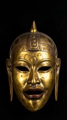 Golden, detailed face mask with serene expression against a black background