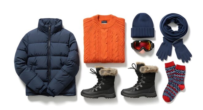 Winter clothing and accessories isolated on white background, flat lay