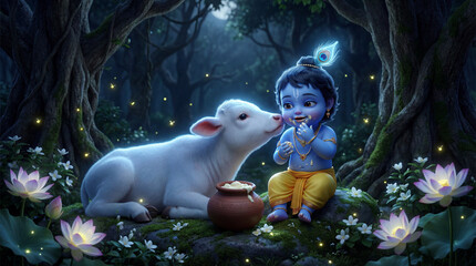 Naklejka premium Adorable baby krishna interacting with a white calf in an enchanting forest with glowing lights and lotus flowers