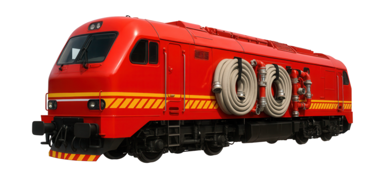 Bright red train with a safety stripe and several fire hoses attached.
