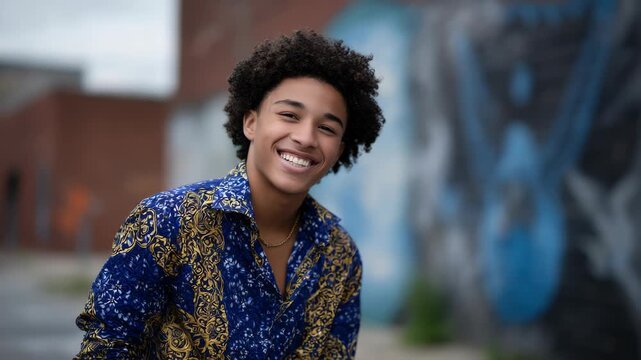 Smiling Young Man with Afro and Stylish Shirt in Urban Setting