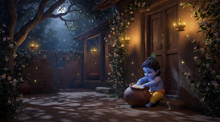 Baby krishnas mischievous butter theft in a moonlit indian village courtyard, a divine childhood scene