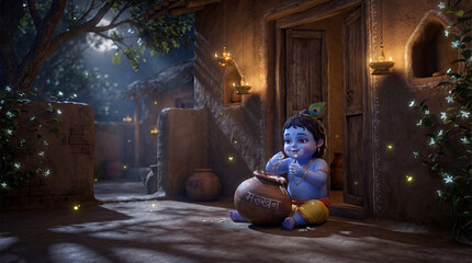 Cute baby krishna character in a traditional village, surrounded by warm glowing lights and earthen pots
