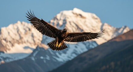 Golden eagle soars gracefully against a backdrop of majestic, snow-capped mountain peaks