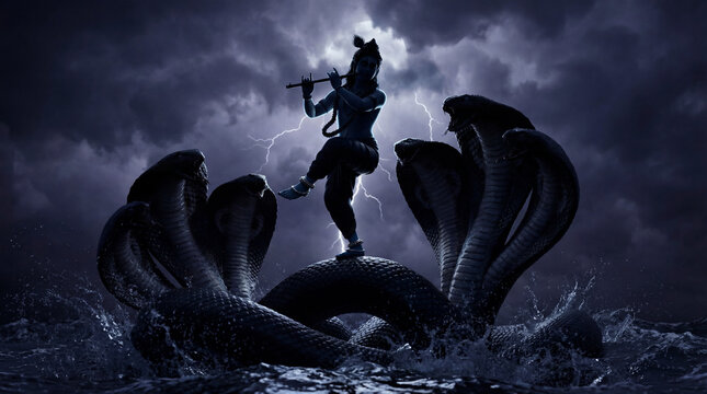 Lord krishna playing flute on the multiheaded serpent kaliya amidst a dramatic stormy sky and water