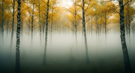 Foggy woodland scenery showcasing tall silver birch trees during late autumn with golden leaves.