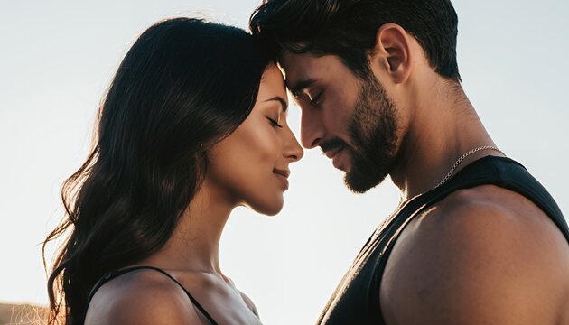 Close-up of a couple touching foreheads, expressing intimacy and connection, with soft lighting.