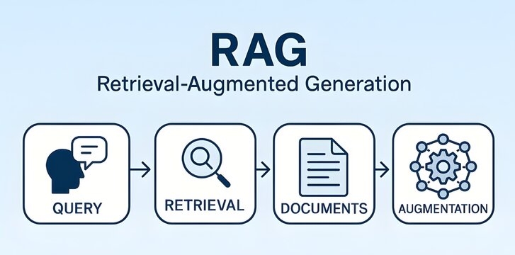 RAG Process Infographic | Retrieval-Augmented Generation のフローを示すシンプルな1列型チャート図（AI検索&times;生成の仕組みを視覚化）