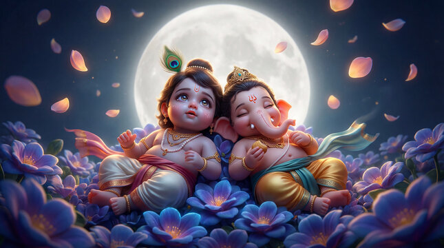 Baby krishna and ganesha sleeping peacefully on a bed of purple flowers under a luminous full moon with falling petals