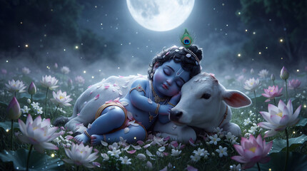 Baby krishna sleeping peacefully with a gentle calf under a luminous full moon in a magical, flowerfilled forest