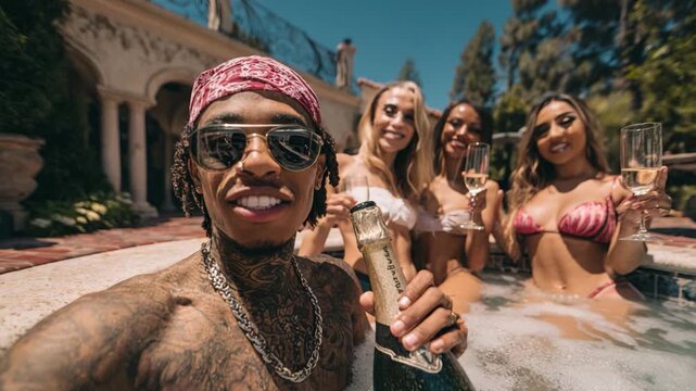Rapper man in jacuzzi with women drinking champagne