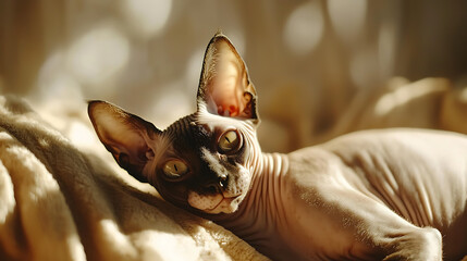 A cat with a black nose and green eyes is laying on a bed