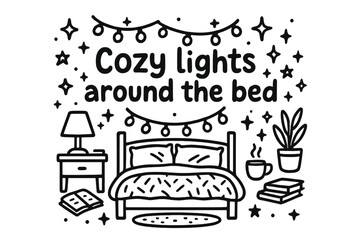 Fototapeta premium Cozy Bed Lights. Cozy lights around the bed. Hand-drawn doodle illustration of cozy lights around the bed. Bed