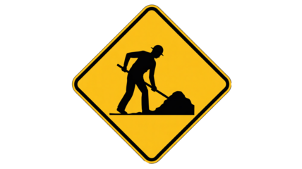 Work zone ahead warning sign isolated on transparent background, caution for construction or maintenance, safety first sign, road hazard alerts