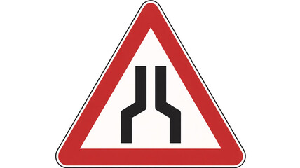 Road narrows ahead warning sign isolated on transparent background for drivers, caution for narrow roadway, driving safety awareness, beware