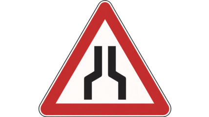 Road narrows ahead warning sign isolated on transparent background for drivers, caution for narrow roadway, driving safety awareness, beware