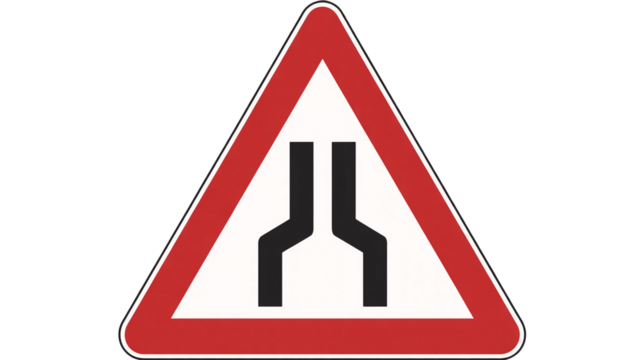 Road narrows ahead warning sign isolated on transparent background for drivers, caution for narrow roadway, driving safety awareness, beware