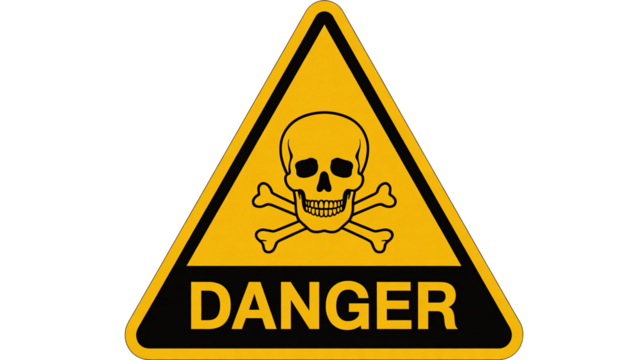 Warning sign isolated on transparent background depicting skull and crossbones, a symbol of danger and potential hazards ahead, caution