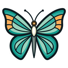 Teal and orange butterfly illustration with dark outline Keywords: butterfly, insect, teal, orange, yellow, white, grey, black outline, wings