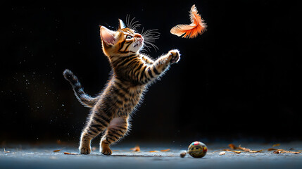 A cat is playing with a toy bird