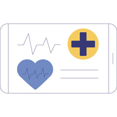 Digital graphic illustrating heart rhythm monitoring and medical symbol with blue and yellow colors on a white background representing healthcare and wellness concepts